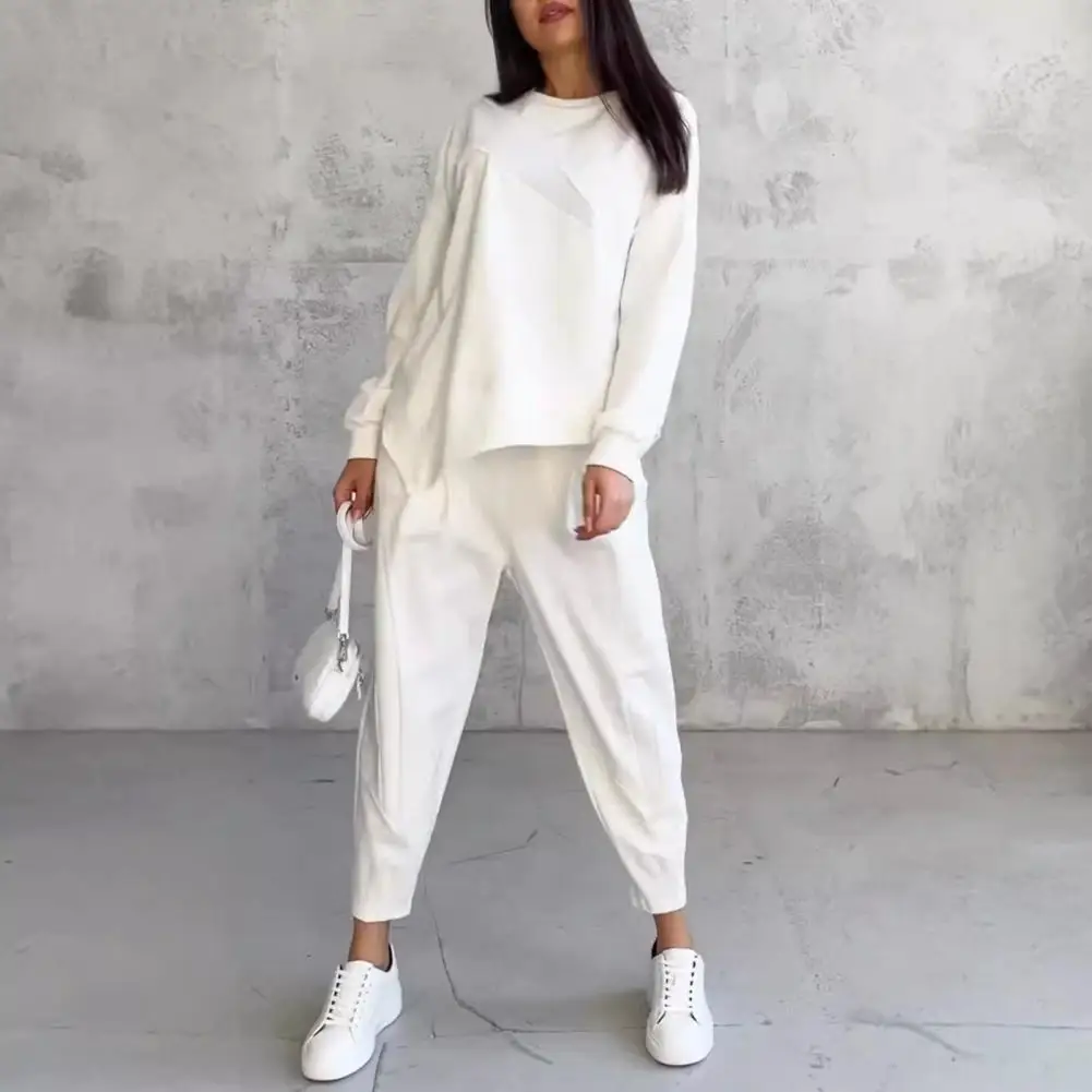 Loose Trousers Set Elegant Women's Top Pants Set with Irregular T-shirt Elastic Waist Trousers Stylish Ol Commuting for Fall