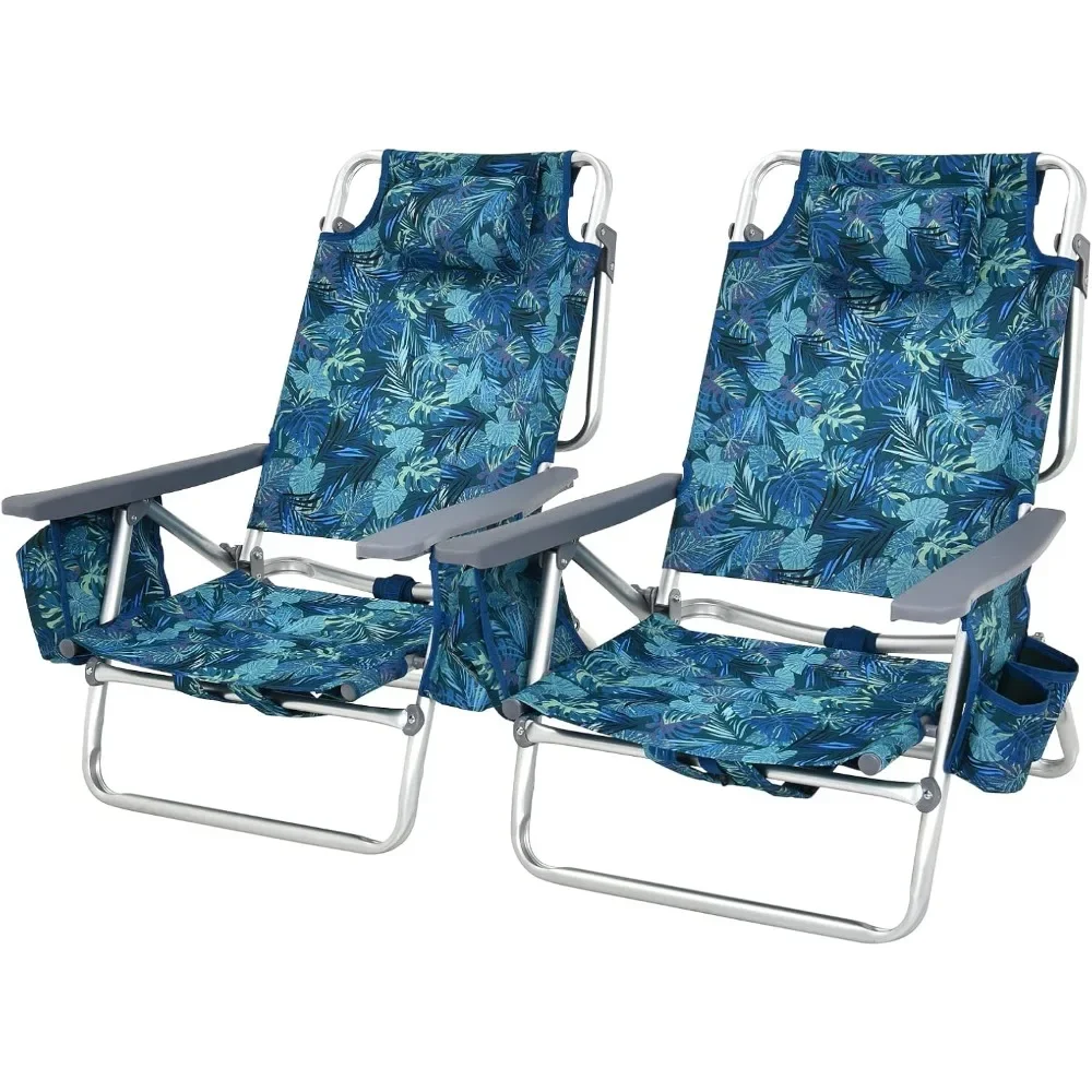 

Set of 2 Backpack Beach Chair, 5-Position Lay Flat Beach Chairs with Cooler Bag, 2 Cup Holders, Towel Bar