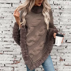 Women Capes Coats Sweaters Pullovers Fur Collar Cloak Twist Knitted Thick Elegant Splice Autumn Winter Irregularity Ponchos