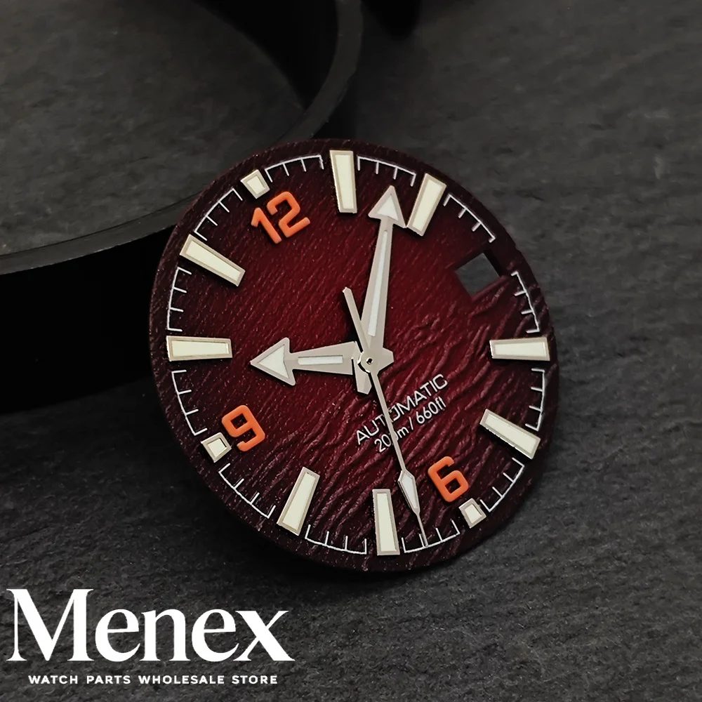 Menex 28.5mm Wave Texture Luminous Diver Watch Dial with Date at 3 Blue Red Compatible with NH35 YN55 ETA2824 2836 ST2130 Miyota