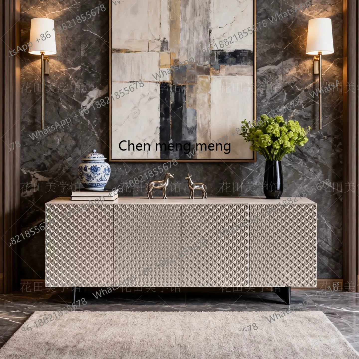 

Light Luxury Entryway Sideboard Villa Bedroom Champagne Silver TV Cabinet Postmodern Living Room Carved Entryway Cabinet