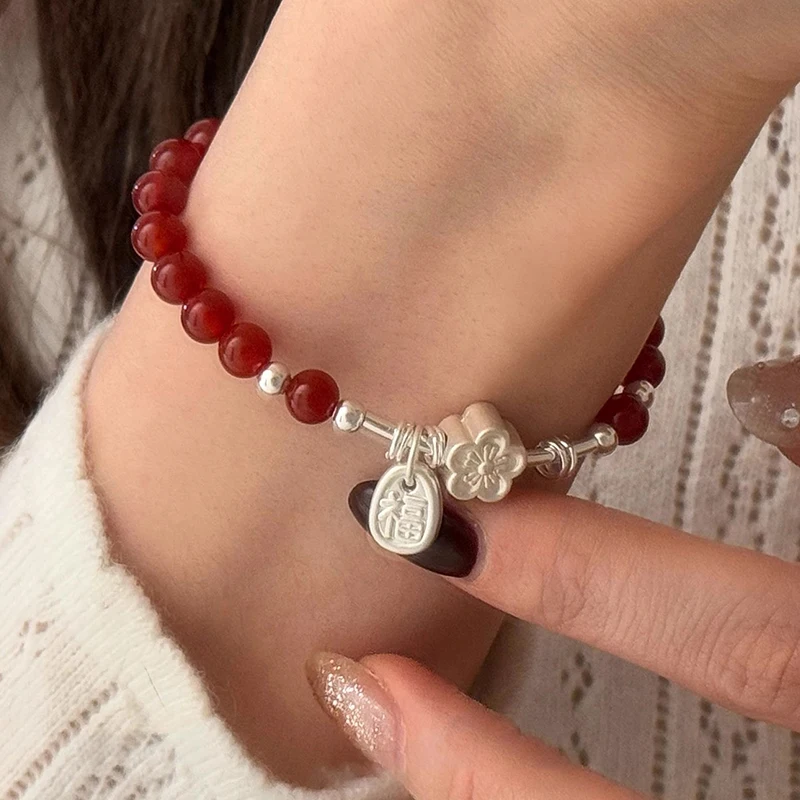 925 Sterling Silve Red Agate Bracelet for Women Flower Pendant Lucky Bead Originality Jewelry Gift Dropshipping - view 2
