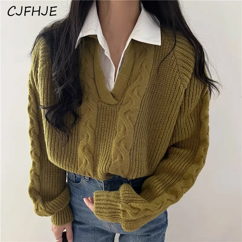 

CJFHJE Green Autumn Knitted Sweater Korean Fashion Apricot Loose Long Sleeve Female Jumper Casual Streetwear All Match Pullovers