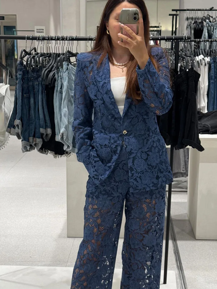 

HH Women Elegant 2-Piece Set Pocket Long Sleeve One Button Lapel Lace Suit Jacket+Zipper High Waist Cropped Slim Pants