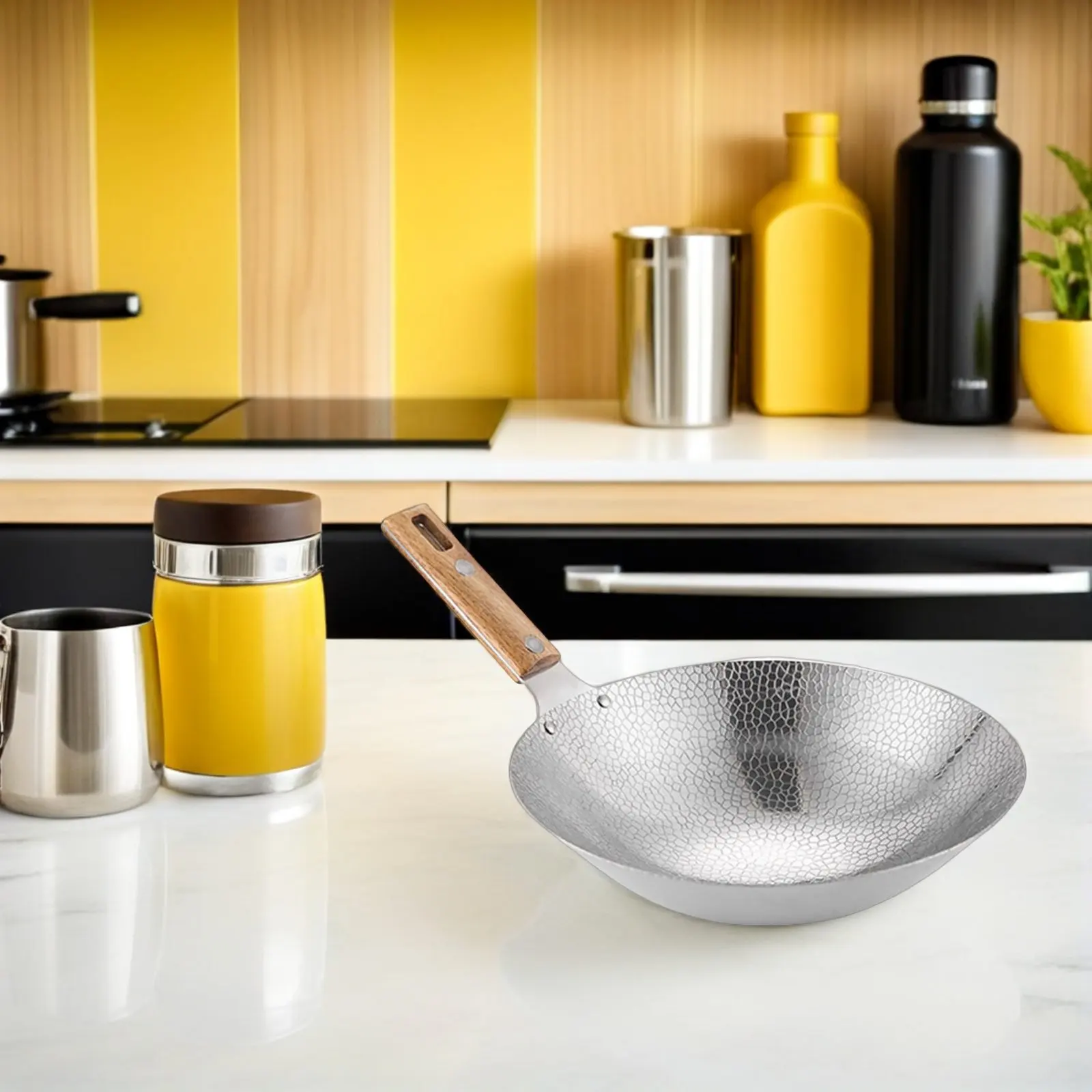 

Традиционная кухонная сковорода-вок из нержавеющей стали с деревянной ручкой, многофункциональная домашняя сковорода для жарки, кухонный аксессуар