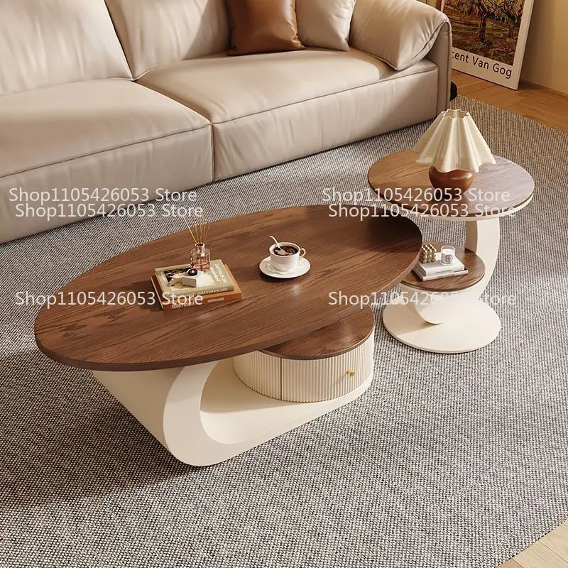 Medieval light luxury walnut coffee table living room household oval tea table simple modern combination small coffee table new