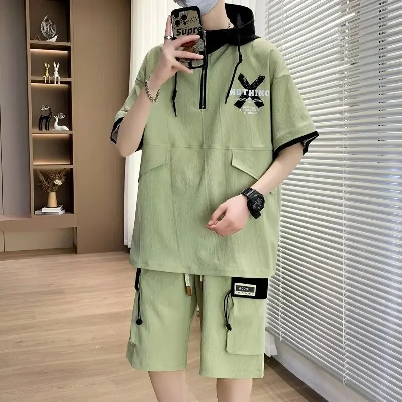 Summer Men S-5XL Oversized Casual Sets Hoodie T Shirts Shorts 2 Piece Set Designer Clothes Youth Sports Green Tracksuit New 2025
