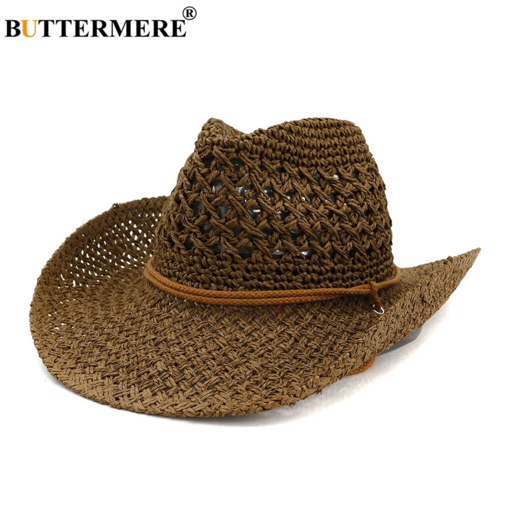 BUTTERMERE Western Cowboy Hat Women Sun Hat Cowgirl Summer Hats for Men Hollow Out Lady Straw Hat Brown Beach Cap Panama