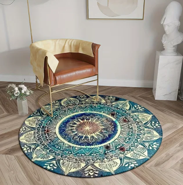 Runder Teppich im böhmischen Stil, goldener Innenteppich, Schlafzimmer, rutschfeste runde Matte, ideal für Wohnzimmer, Arbeitszimmer, Badezimmer, Innendekoration