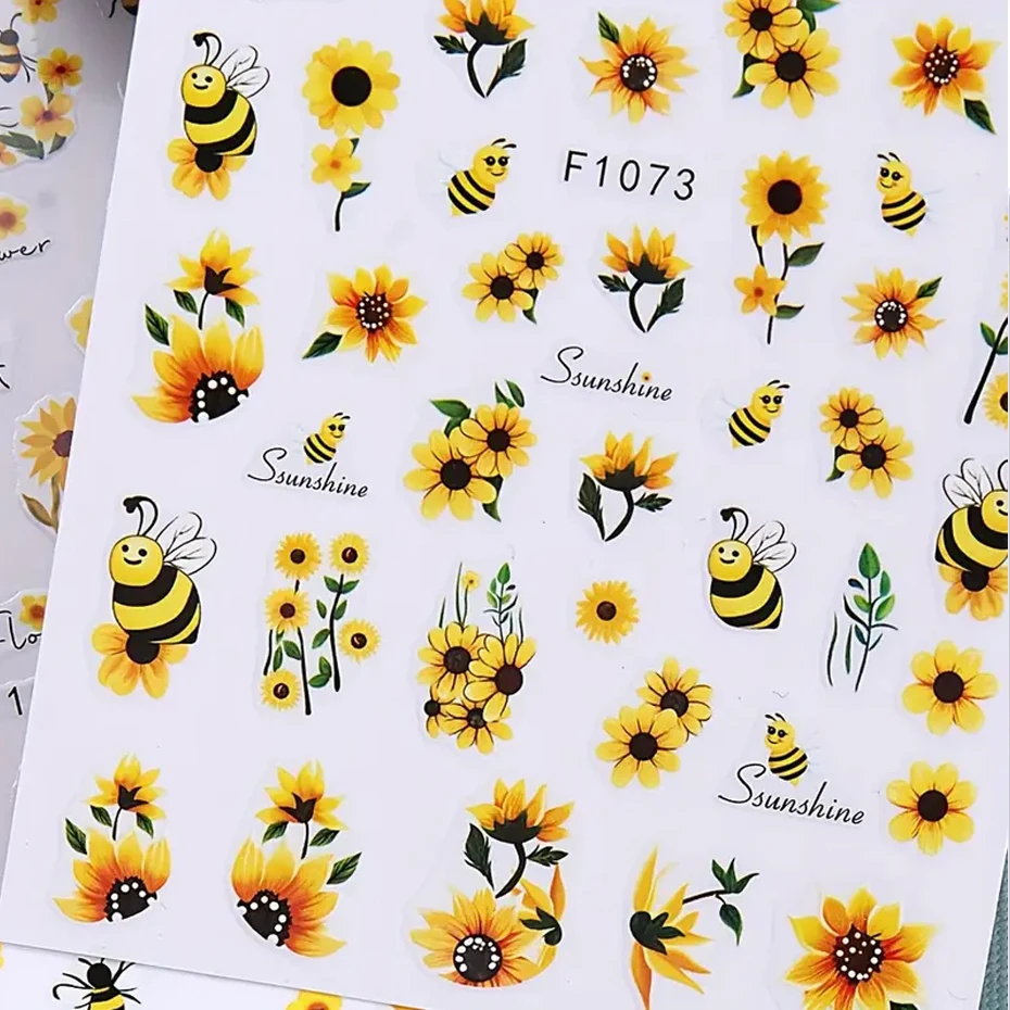 2pcs Sunflower Nail Art Sticker Yellow Flowers Bee Adhesive Decal French Stripe Line Star Manicure Slider