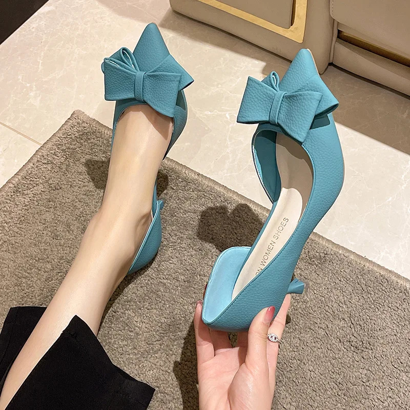 New Bowknit Thin Heels Pumps Women Blue Elegant Slip-On Party Shoes Woman Summer Pointed Toe Solid Color High Heels Shoes2023