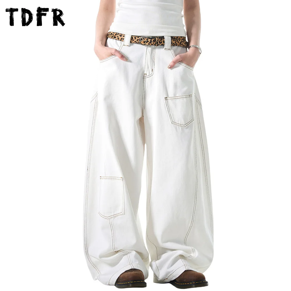 

Top Stitch Pocket Wide Leg Pants Mens Solid Color Spliced Retro Streetwear Loose Scimitar Pants Men Trousers