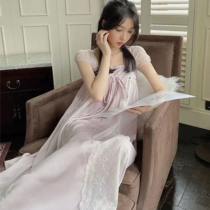 Victorian Nightgowns Summer Sexy Ice Silk Nightdress Princess Sleepwear Women Satin Square Collar Nightwear Vintage Night Dress