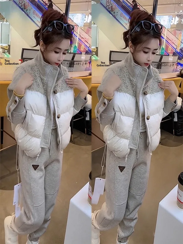 

Fashionable Contrast Color Splicing Cotton Jacket And Casual Pants Set Stylish Commuting Outfit Autumn Winter New Arrival