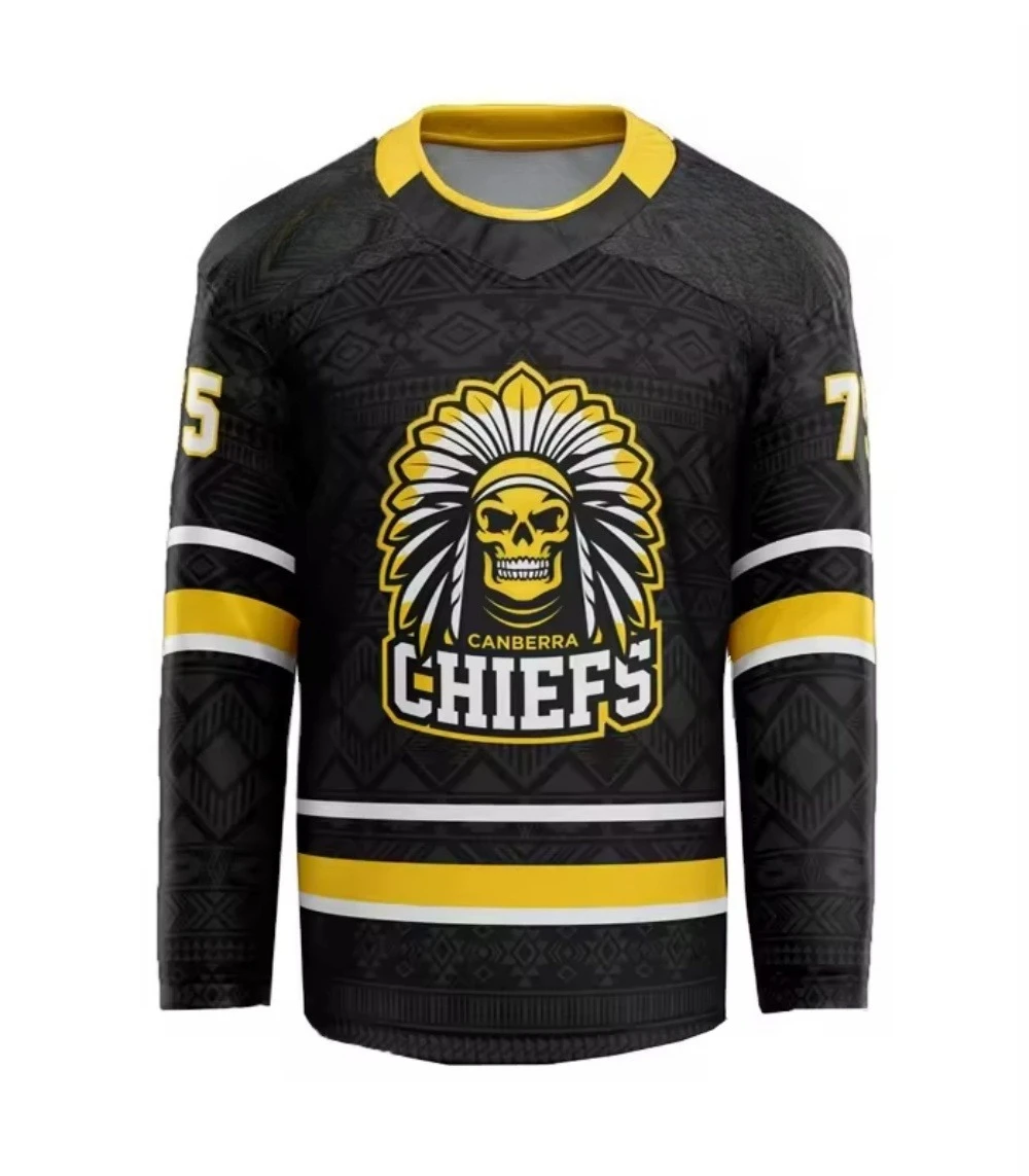 Hockey Jersey - Black with Yellow/White Accents Skull Chief Logo & Tribal Pattern 