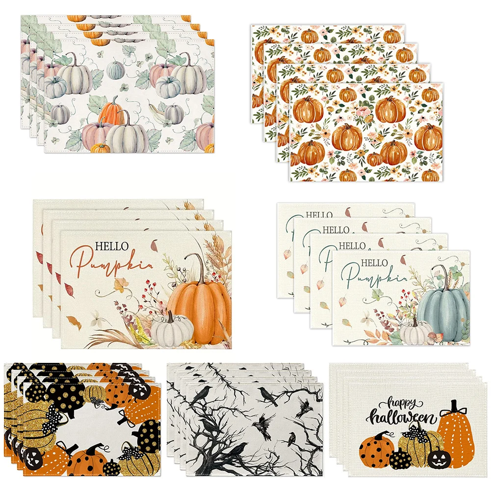 4Pcs Pumpkin Maple Leaf Placemats 18x12 Inch Polyester Linen Table Mats For Thanksgiving Halloween Autumn Party Home Decoration