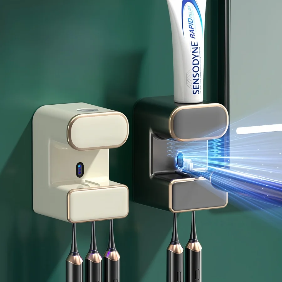 【セール中】壁に取り付けられた電動歯磨き粉スクイーザー、歯ブラシ収納ラック、紫外線滅菌と消毒、パンチフリー、バスルーム歯ブラシ