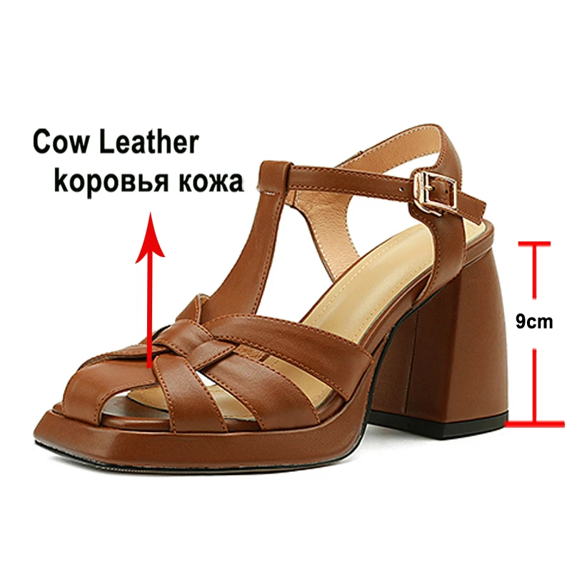 Meotina Women Genuine Leather Square Toe Platform Sandals Thick High Heel Narrow Band Buckle Ladies Fashion Shoes Summer Spring