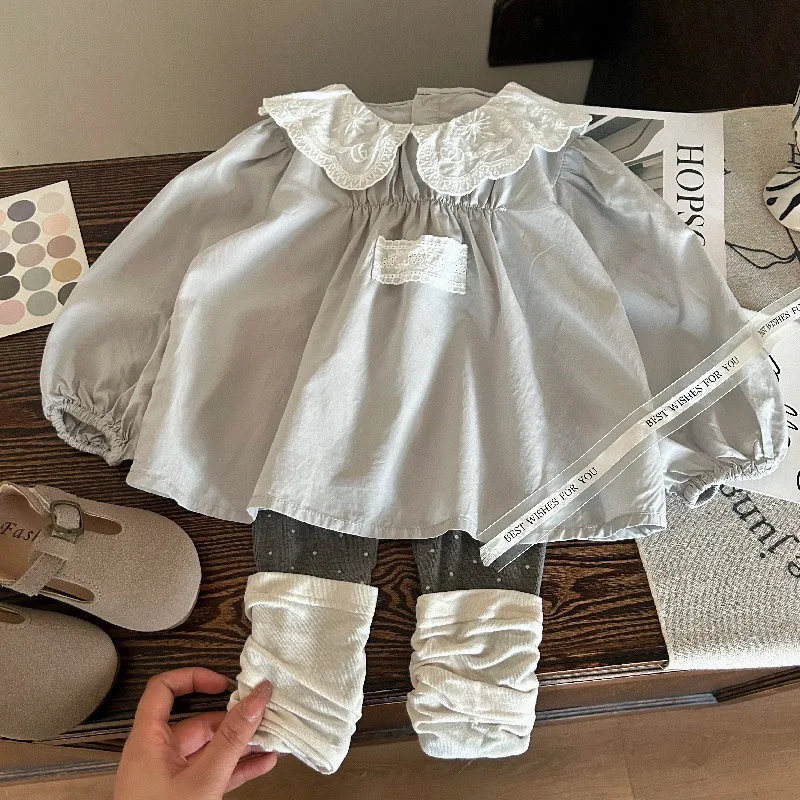 Girls Suit 2025 Spring New Childrens Wear Korean Girl Baby Lace Lapel Shirt Polka Dot Pile Pile Socks Leggings Two-piece Set