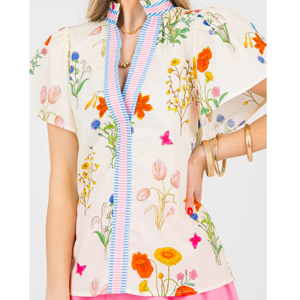 

Women y2k Aesthetic Boho Floral Blouse Puff Short Sleeve V Neck Vintage Flower Print Patchwork Shirt Going Out Shirts Tops