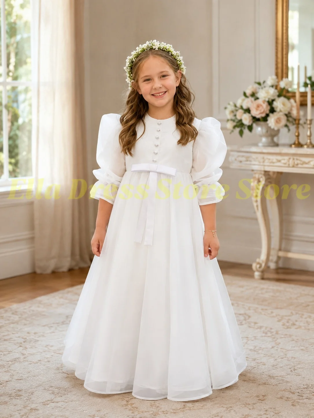 Maßgeschneidertes Großhandels-Blumenmädchenkleid in Hellrosa für Hochzeit, 3/4-Ärmel, Brautjungfernkleid, Geburtstagsfeier, Erstkommunion, Ballkleid – Detail 2
