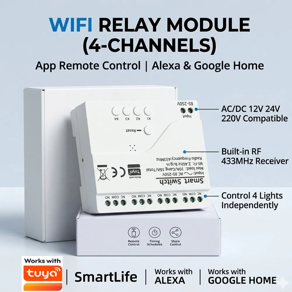 4-Kanal WLAN-Relaismodul 12V 24V 220V RF 433 APP Fernbedienung Smart Home Automation Relais Alexa Google Home für Tuya
