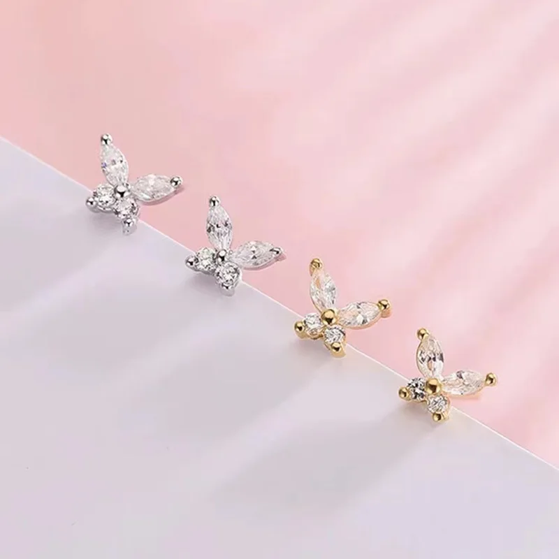 Korean Silver Plated Copper  Female Earings Small Planet Crystal Butterfly Zircon Sweet Cute Stud Earrings Jewelry For Women