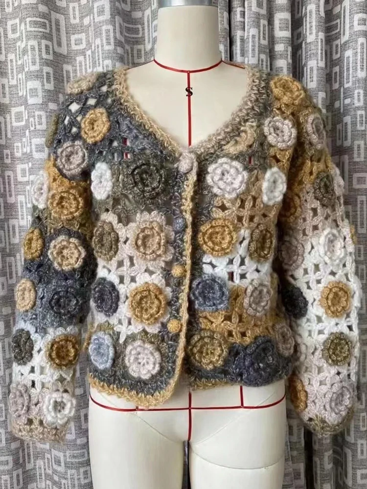 Women Rainbow 3D Flowers Sweater Coat Patchwork Hit Color Floral Crocheted Roses Knitted Cardigan Knitwear V Neck Hooked Tops