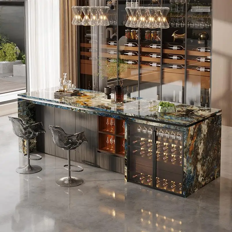 جزيرة المطبخ الحجرية الفاخرة، طاولة طعام وبار الإفطار للمطبخ المفتوح، مقاومة للبقع ومتينة، تصميم عصري مخصص