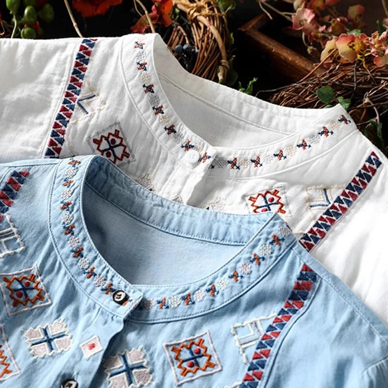 100% Cotton Women Casual Blouse Shirt New 2025 Spring Vintage Style Floral Embroidery Loose Female Long Sleeve Tops Shirts M531