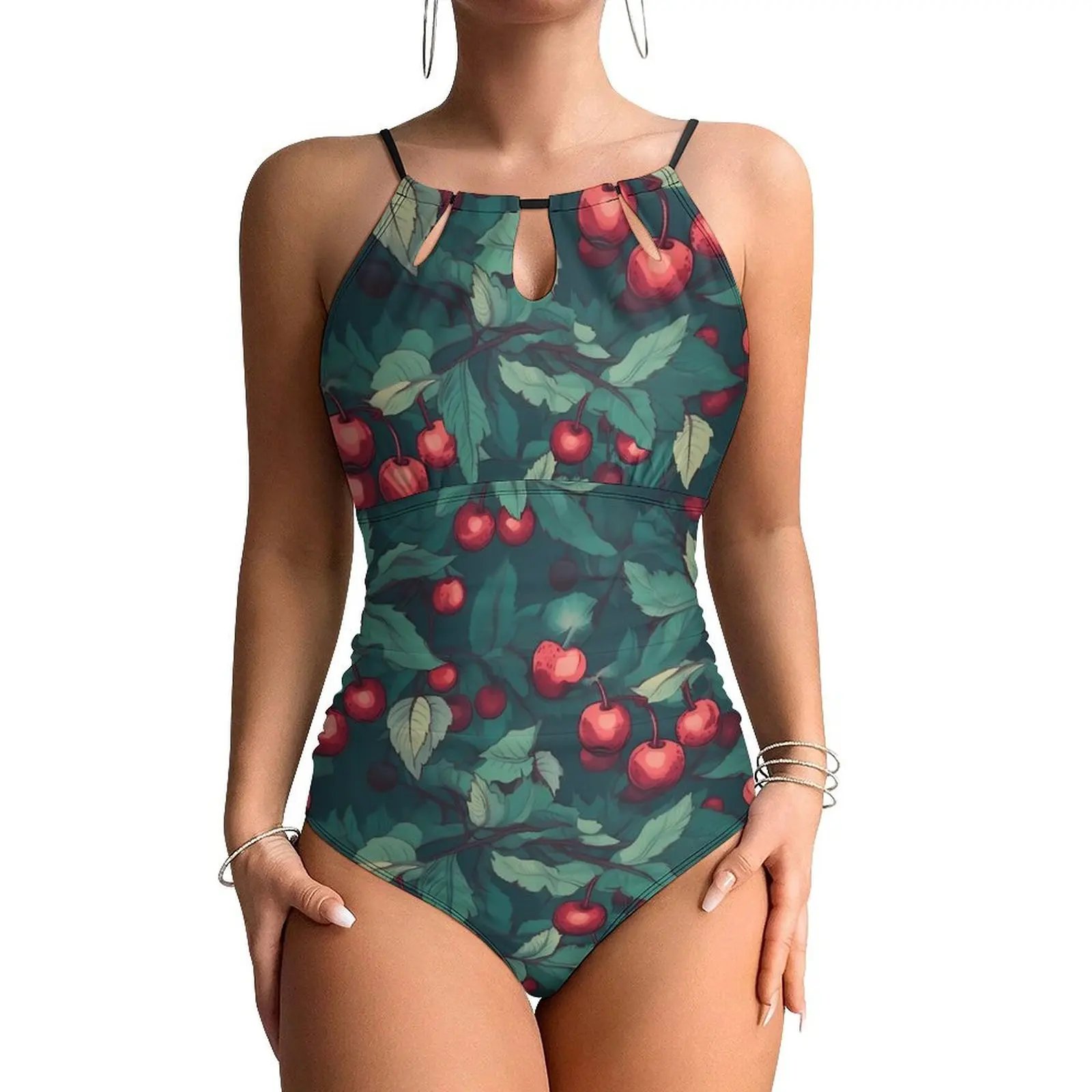 

Cherries Print Swimsuit Sexy Green Leaves Print Woman Swimwear One Piece Aesthetic Bodysuit Vacation Bath Push Up Bathing Suits