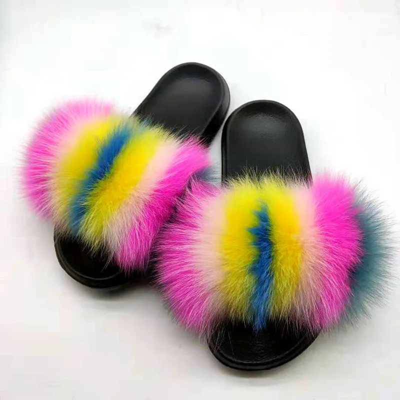 ผู้หญิง Flip Flops แฟชั่นแบนขนสุนัขจิ้งจอกจริงรองเท้าแตะในร่ม Anti SLIP เย็บสี Fluffy Fox FUR รองเท้าแตะรองเท้าแตะ 2025