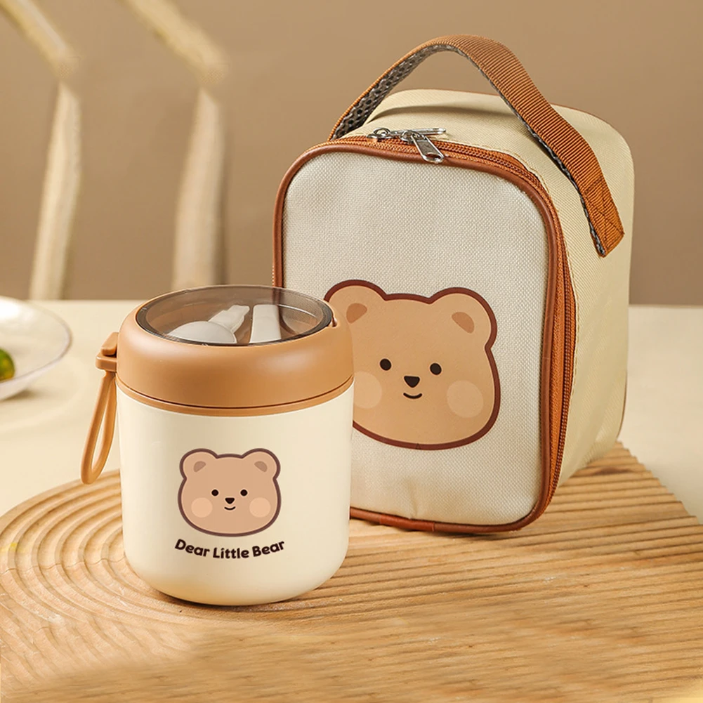 Stainless Steel Lunch Bento Box with Foldable Spoon Handle Cute Bear Thermal Cup for Office Outdoors for Hot Or Cold Food