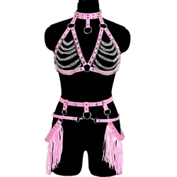 Pink Leather Sexy Lingerie Goth Silver Chain Clothing Body Harness Set Underwear Adjustable Top Harness For Women Cage Bra Strap