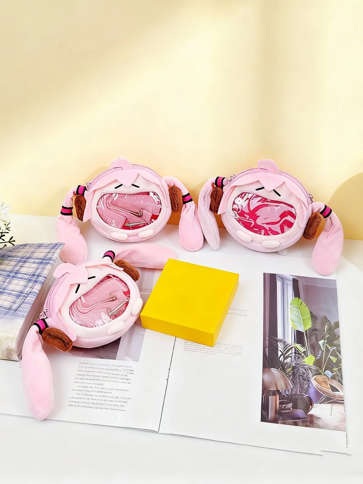 Para hatsune miku bolsa de moedas bolsa de ombro dos desenhos animados kawaii 14cm saco de fone de ouvido saco de dor de pelúcia crossbody chaveiro pingente menina gi