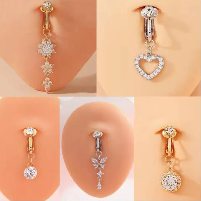 1Pc Clip On Fake Navel Ring, Non Piercing Heart Butterfly Faux Belly Button Clip Jewelry For Women No Umbilical Piercing