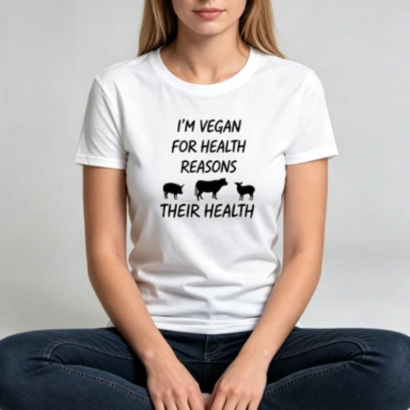Ladies Cotton Round Neck Short Sleeve T‑Shirt, Vegan Pig Cow Sheep Print Casual Funny Statement Daily Wear Te