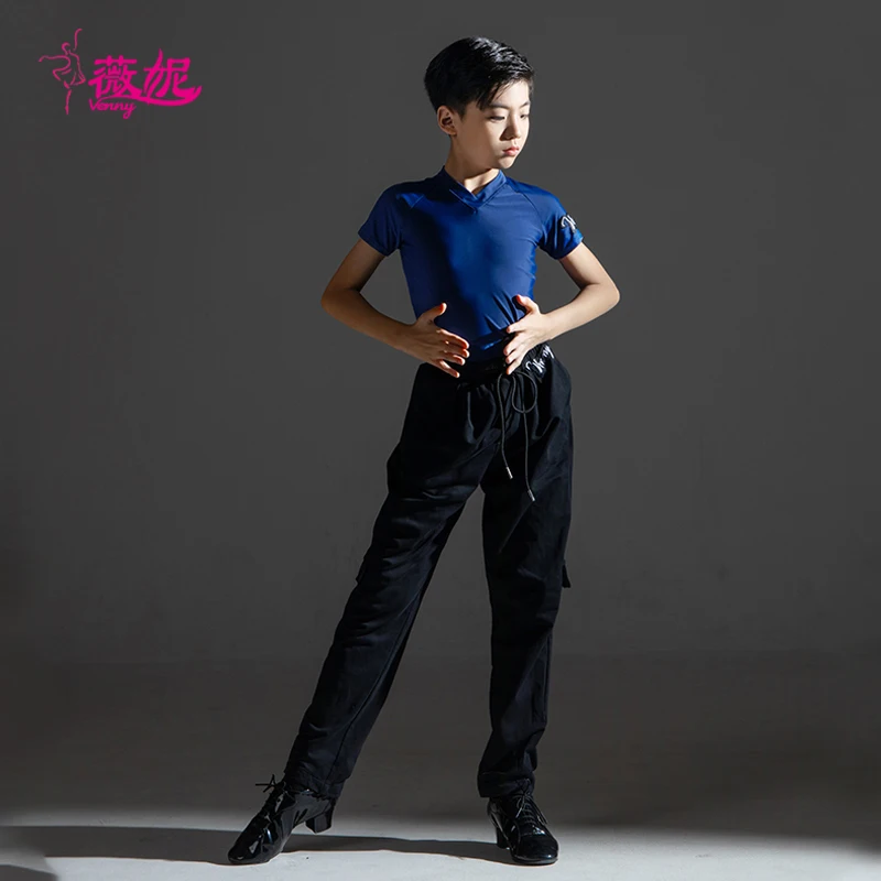 Vennystyle Abito da ballo latino da uomo slim fit con scollo a V a maniche corte per spettacoli di pratica da sala da ballo