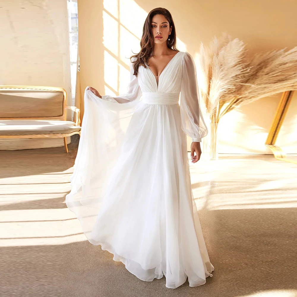 Barato chiffon vestido de casamento manga longa plus size para a mulher até o chão com decote em v aberto para trás simples vestido de noiva vestidos