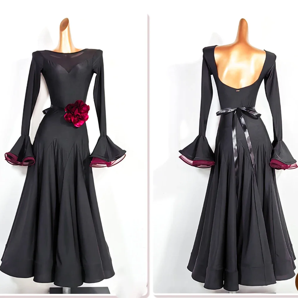 

Waltz Dress Backless Ballroom Dance Dress Standard Wine Red Black Fishbone Skirt Lantern Sleeves Ballroom Dresses Competition