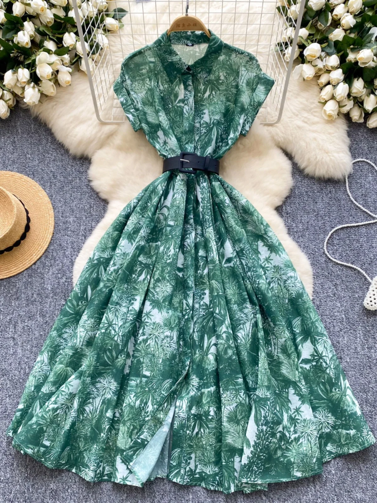 

2025 Luxury Elegnat Vintage Shirt Office Dress Women Summer Polo Neck Short Sleeve Print Floal Long Dress Evening Party Dresses