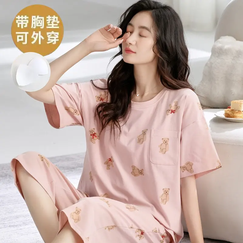 Calf-Length Pants Short Sleeves 2Pcs Set Women Summer Pajamas Cartoon Loose Pullover Sleepwear With Bra Pads pijama mujer