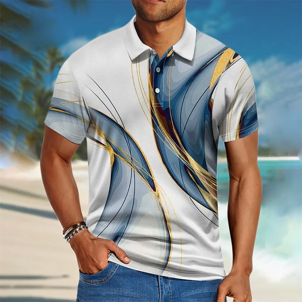 Fashion Men\'S Polo Shirt Gradient Line Summer Short Sleeve TShirts Casual Daily Lapel Tops Tees Striped T Shirt For Man Clothing