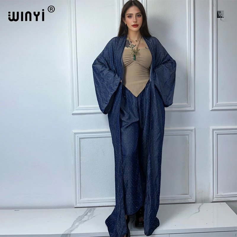 WINYI Africa fashion 2 piece sets women outfit kimonos Women maxi Cardigan pant sets Hot drilling denim suit