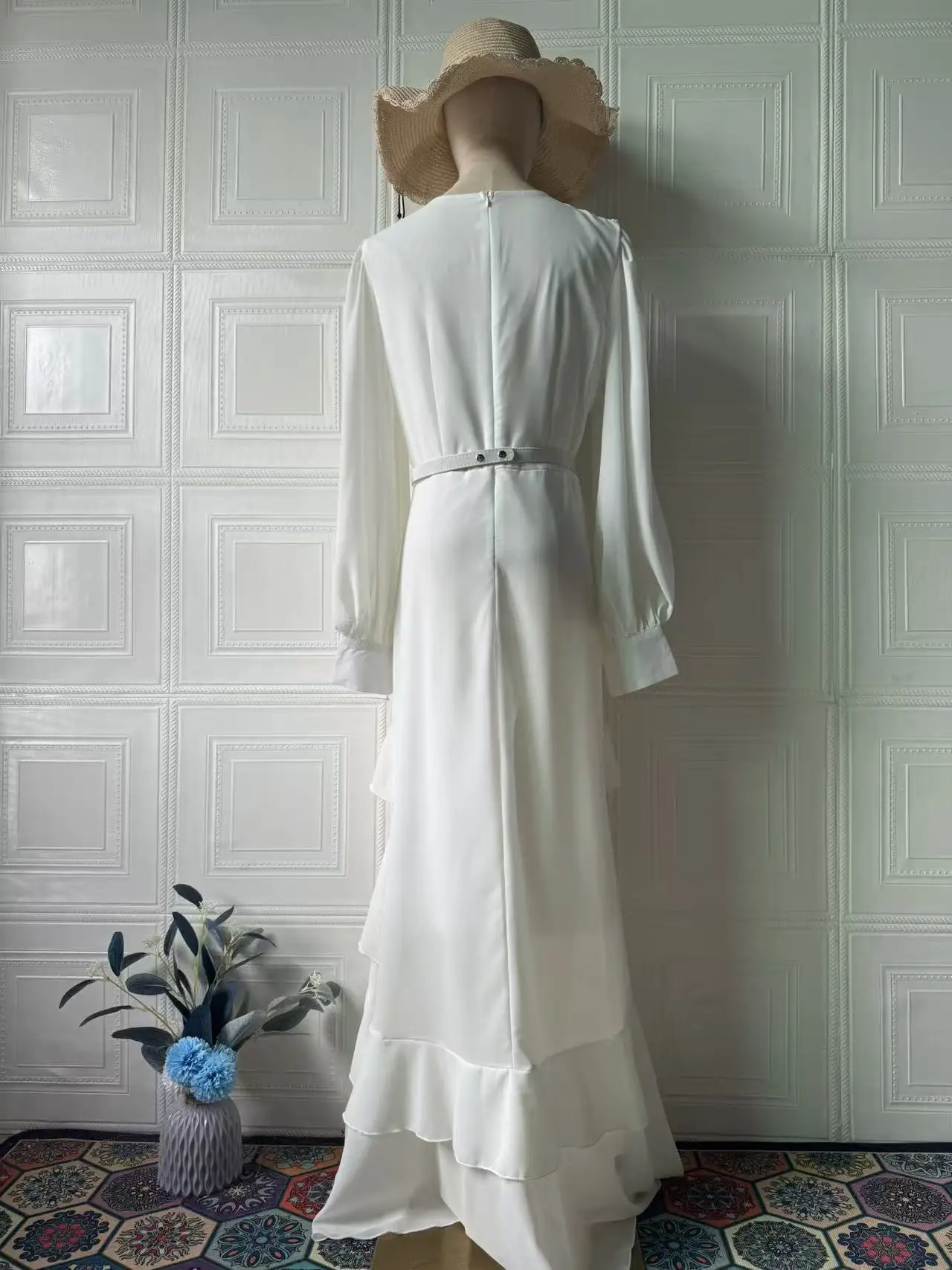Elegant Solid Layered Ruffle Long Dress Women O Neck Long Sleeve Belt Chiffon Maxi Dress Autumn Wedding Guest Evening Party Robe