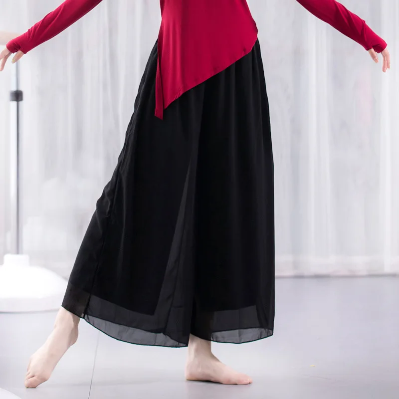 Classical Dance Wide Legged Pants Skirt Children's Chiffon High Waist Loose and Flowing Double layered Performance Adult Modern