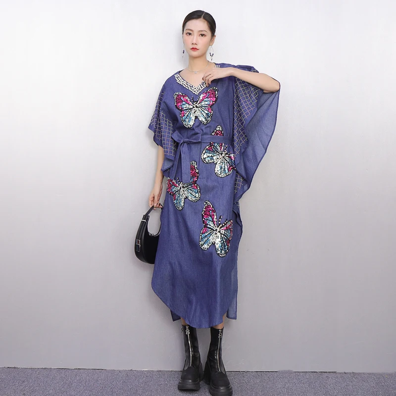 2025 Herfst Winter Elegante Vrouwen Losse Denim V-hals Lange Jurken Vrouwelijke Geborduurde Lange Mouw Jurk Groothandel J2079