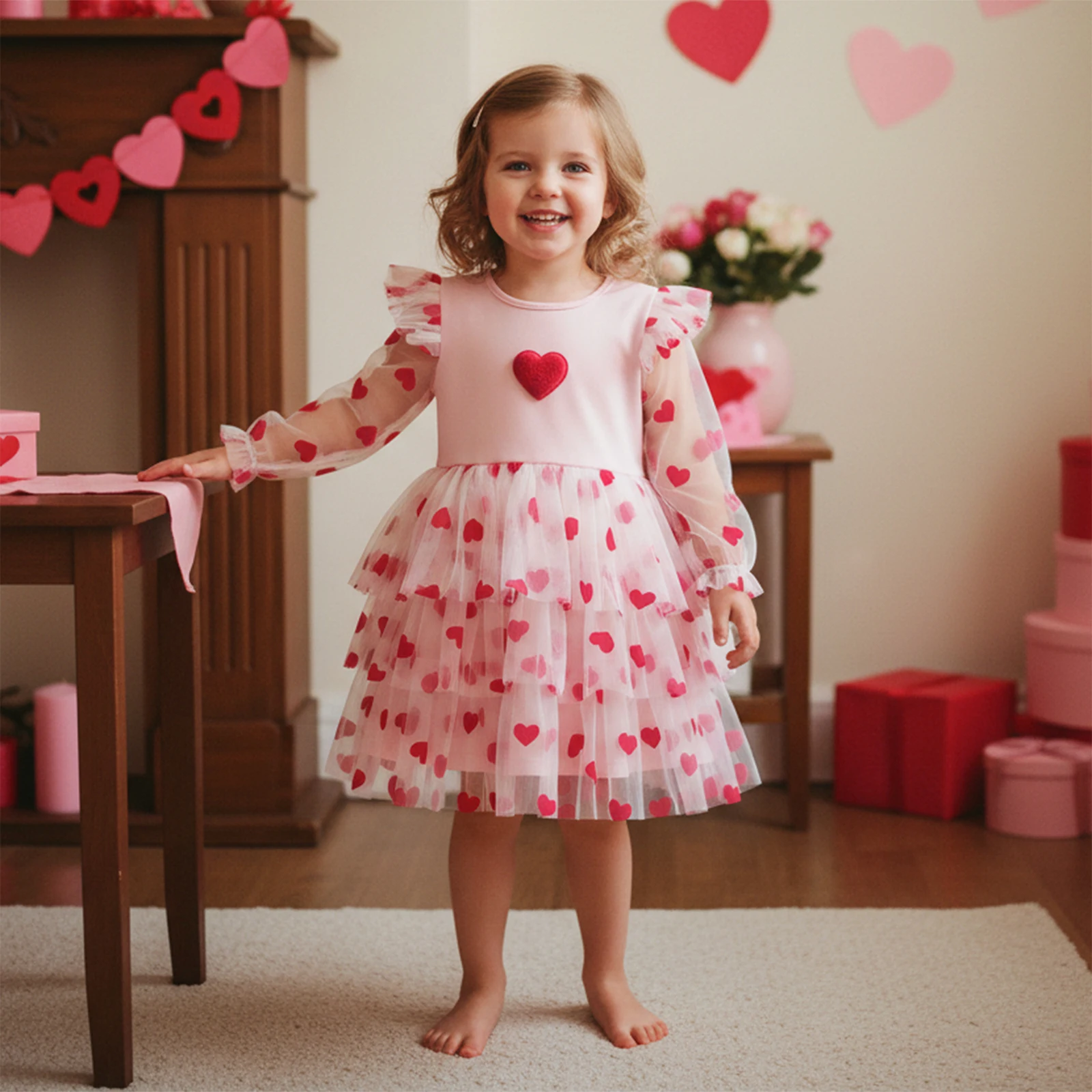 1-5Y Toddler Little Girl Valentines Dress Heart Patchwork Mesh Long Sleeve A-line Layered Princess Dress Cute Spring Clothes