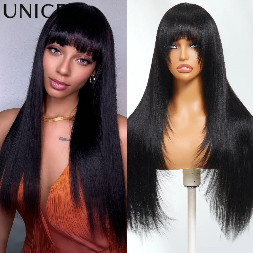 

Парик из натуральных волос UNice Hair Yaki, прямой, с челкой, полностью машинной работы, без клея