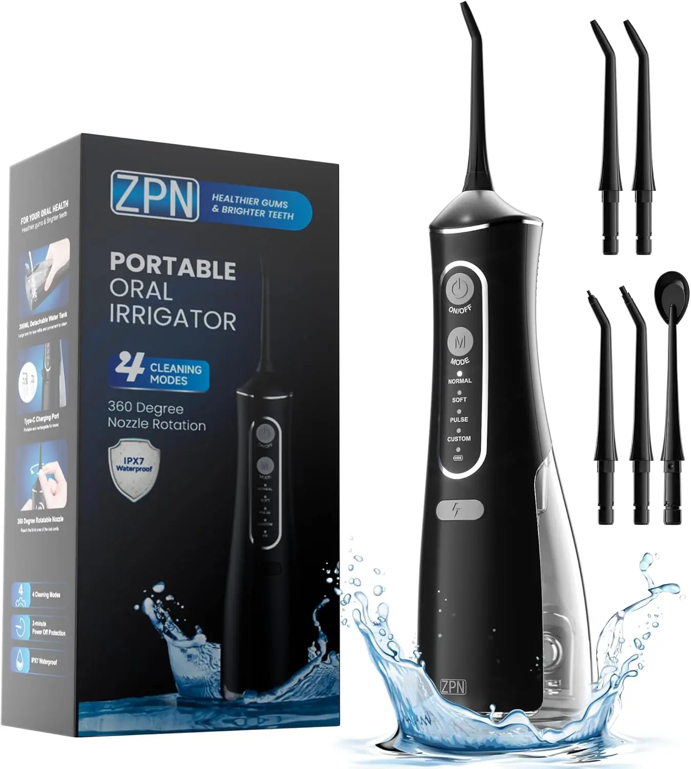 ZPN Hilo dental de agua para limpieza y hilo dental con 5 puntas de chorro reemplazables, hilo dental de agua impermeable IPX7 portátil y recargable